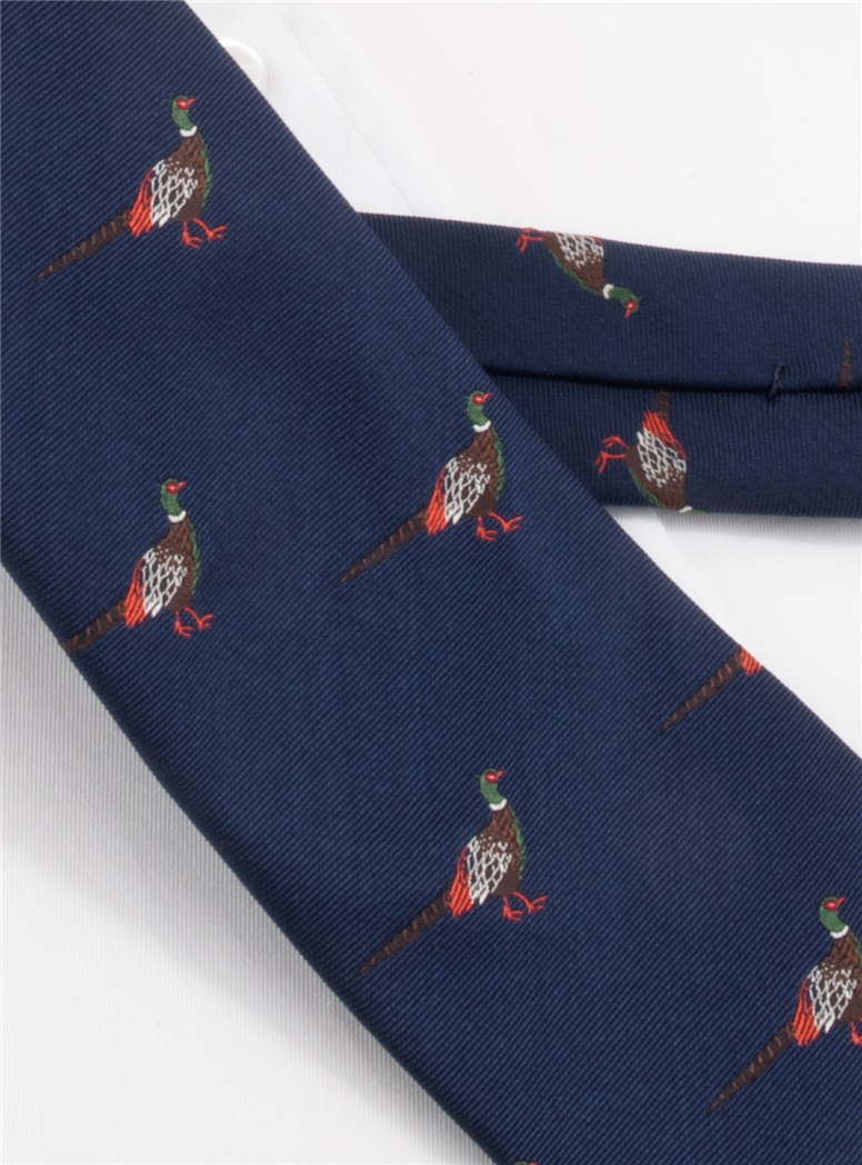 Silk Woven Pheasant Motif Tie in Navy