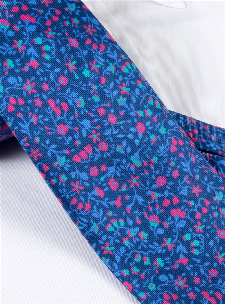 Silk Floral Printed Tie in Navy