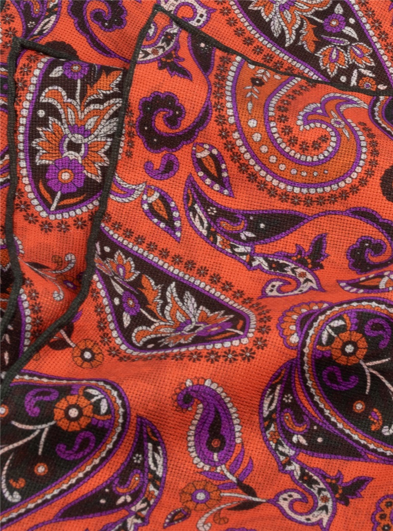 Silk Printed Paisley Pocket Square in Orange
