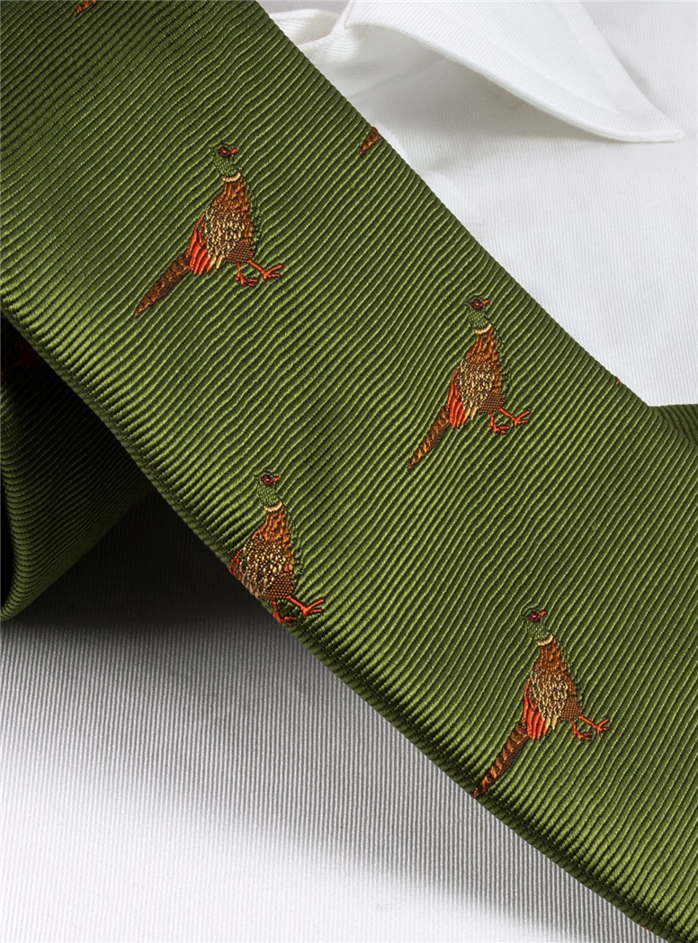 Silk Woven Pheasant Motif Tie in Fern