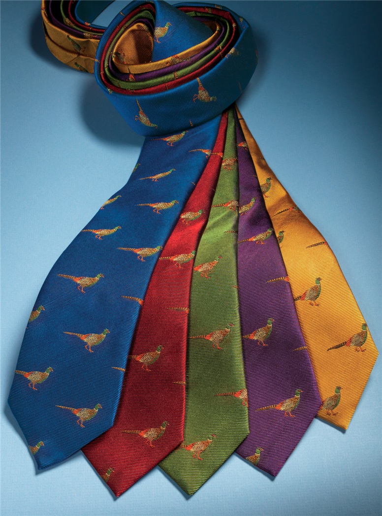 Silk Woven Pheasant Motif Tie in Fern