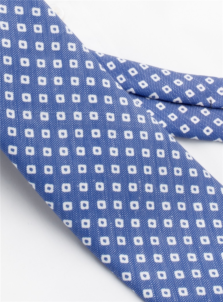 Silk and Linen Diamond Printed Tie in Denim
