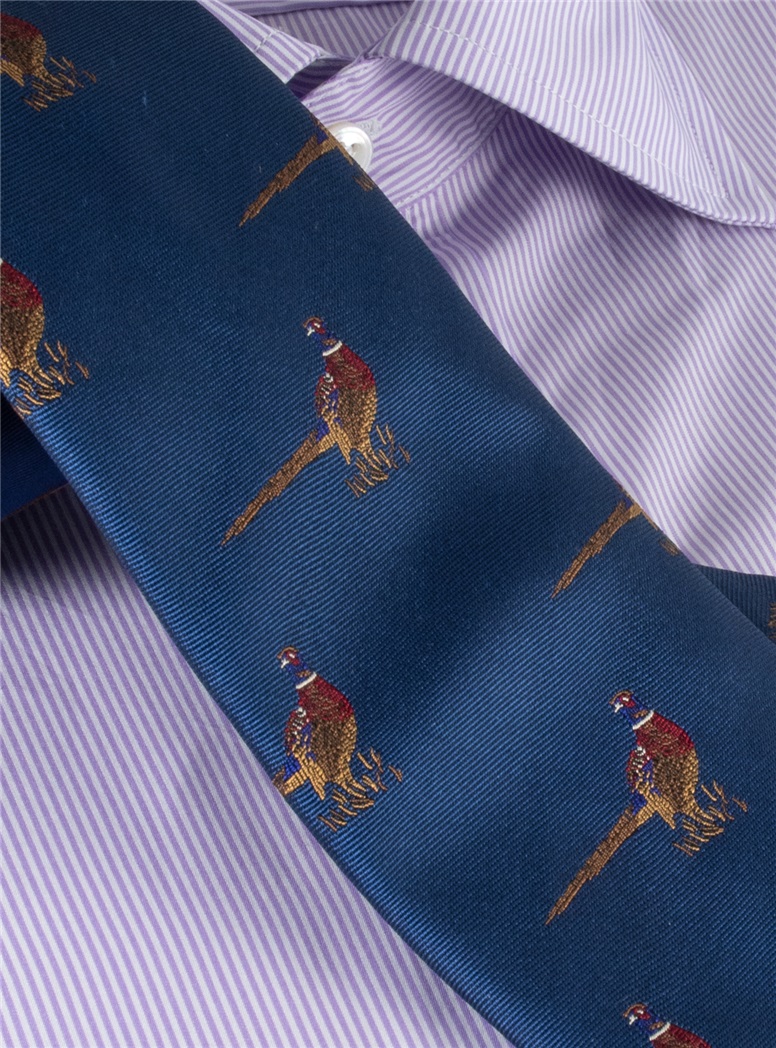 Silk Woven Pheasant Motif Tie in French Blue