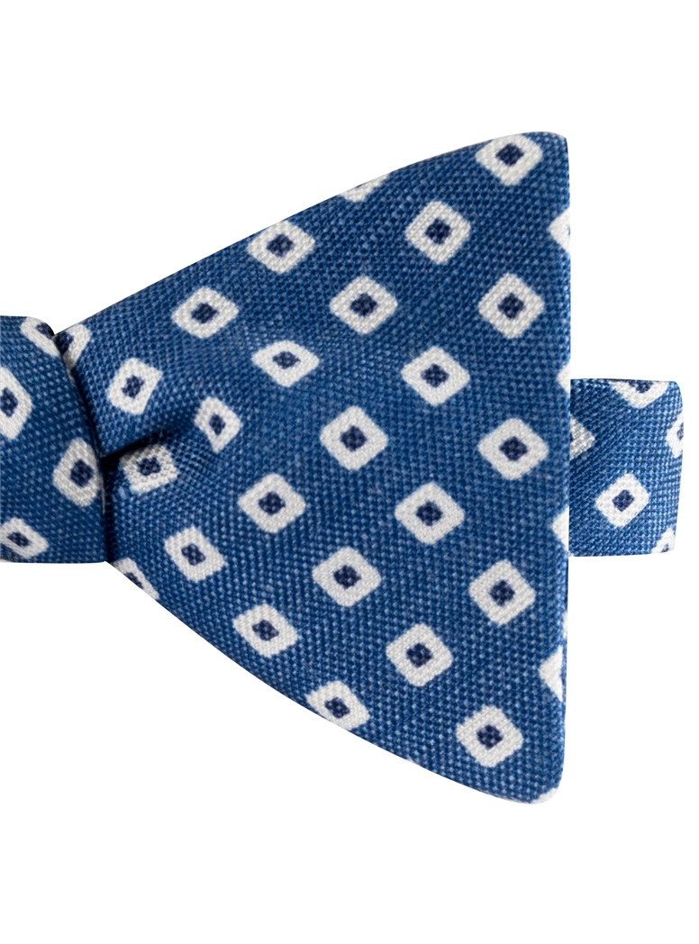 Silk and Linen Square Motif Printed Bow Tie in Denim