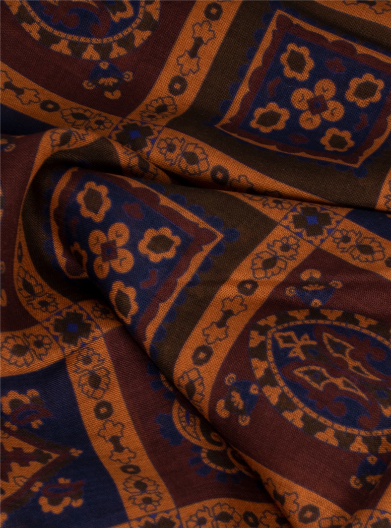 Wool and Silk Printed Scarf in Burgundy and Amber