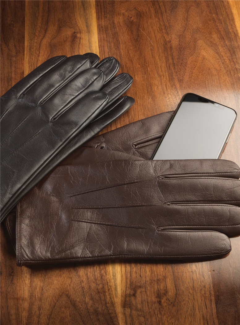 Brown Cashmere Lined Nappa Leather Touchscreen Gloves