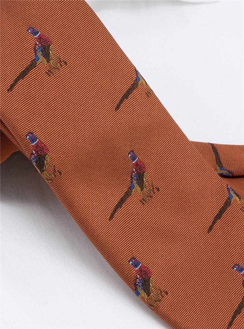 Silk Woven Pheasant Motif Tie in Bronze