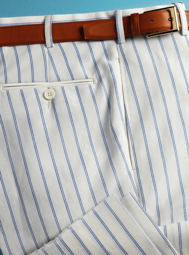 White Wool & Linen Trousers with Double Hairline Stripe in Cobalt, Plain Front