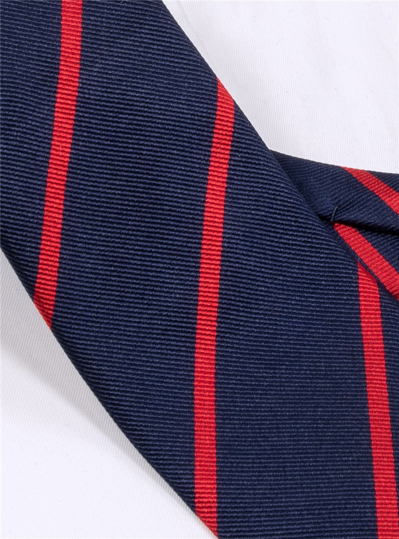 Silk Bar Striped Tie in Navy with Red