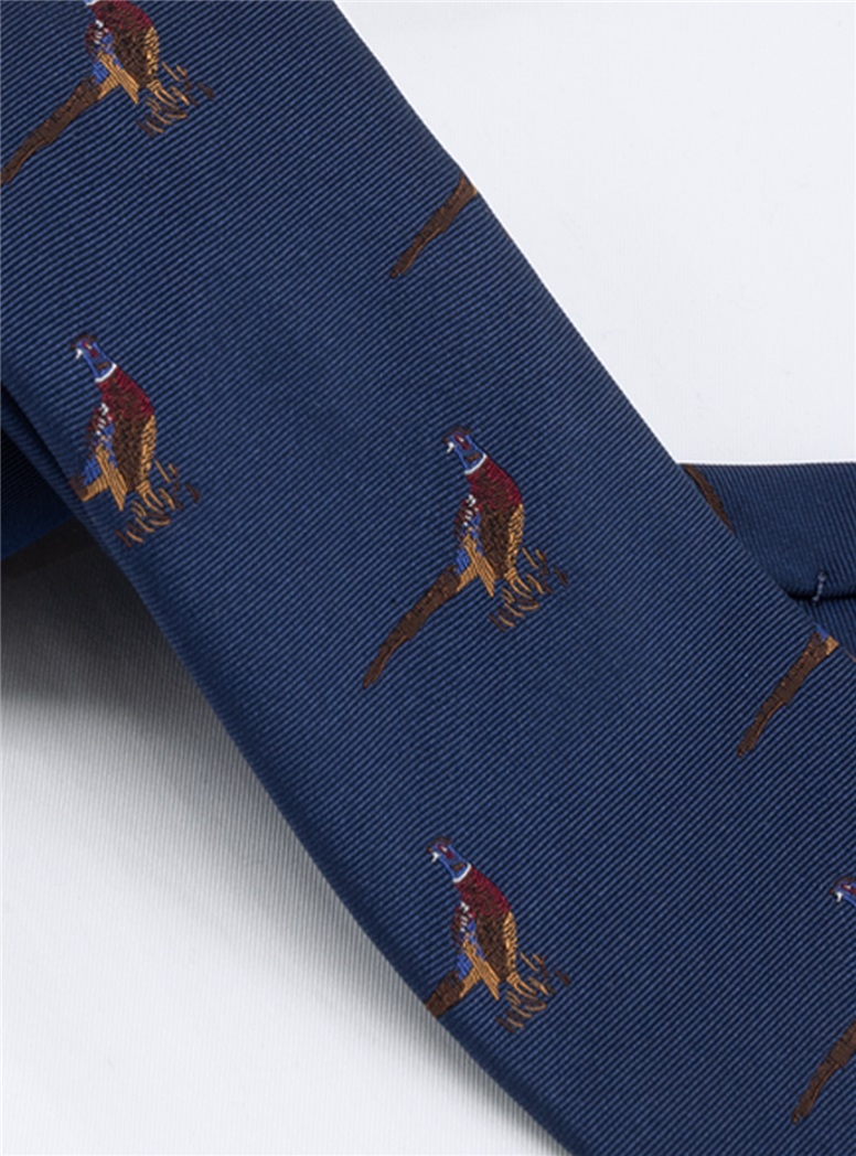 Silk Woven Pheasant Motif Tie in Navy