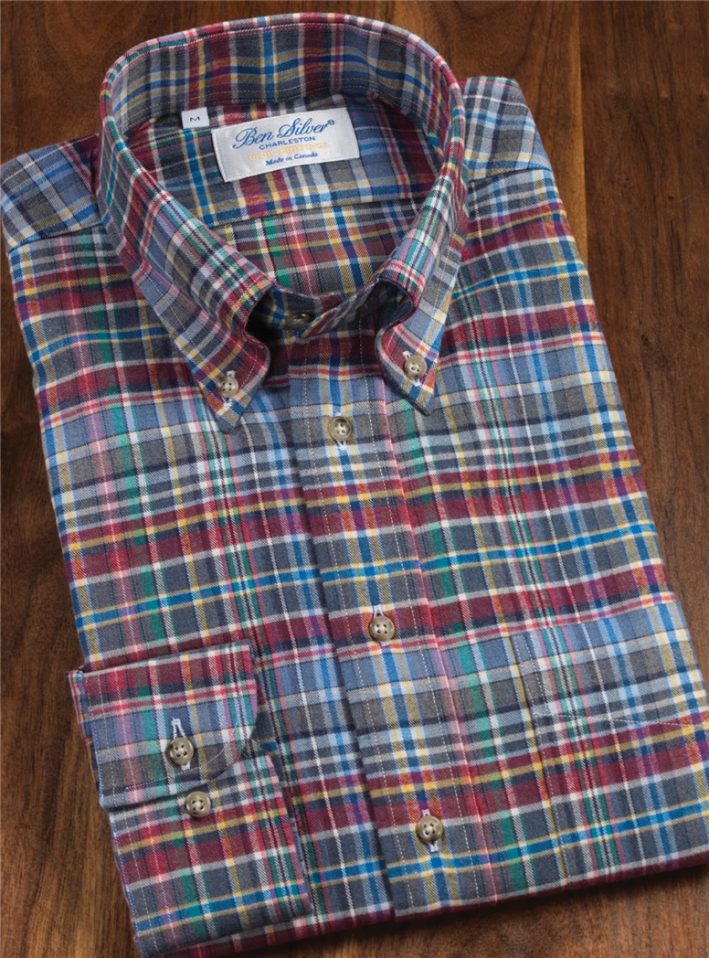 Brushed Cotton Blue and Garnet Plaid Sport Shirt