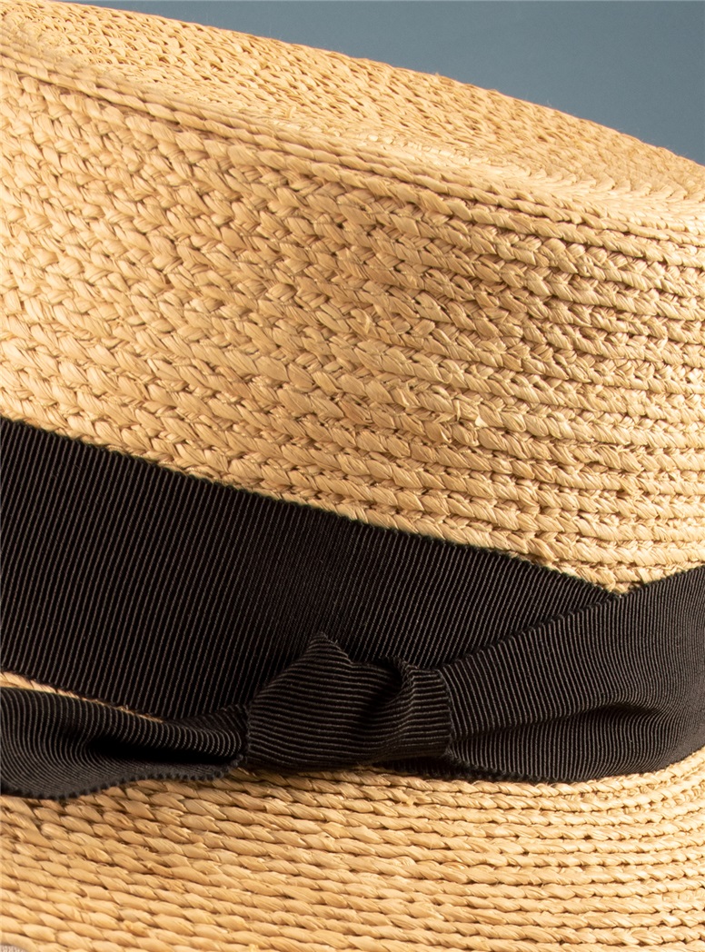 Ladies Straw Boater Hat Black Ribbon