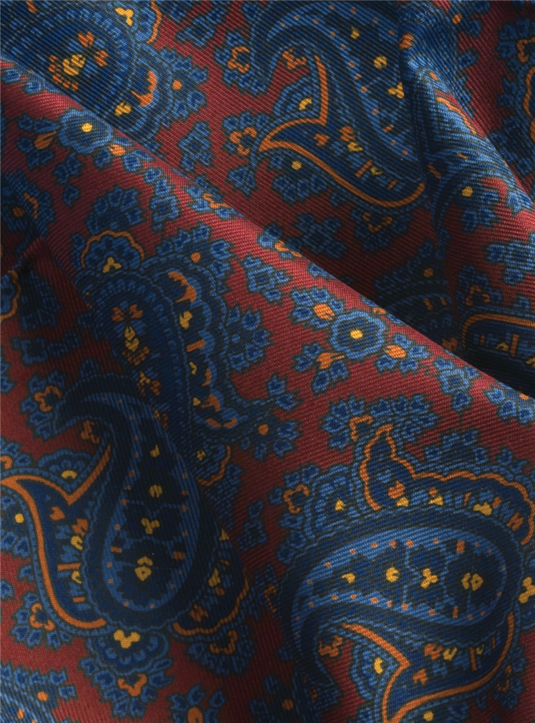 Silk Paisley Printed Pocket Square in Wine