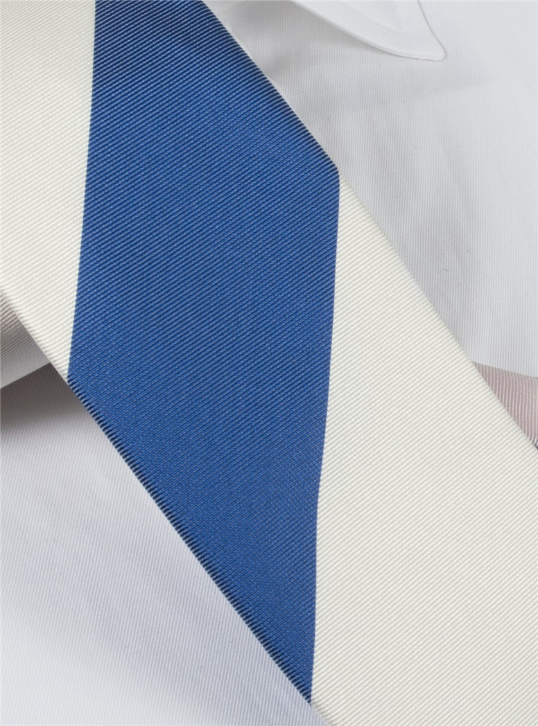 Silk Block Stripe Tie in Denim and White