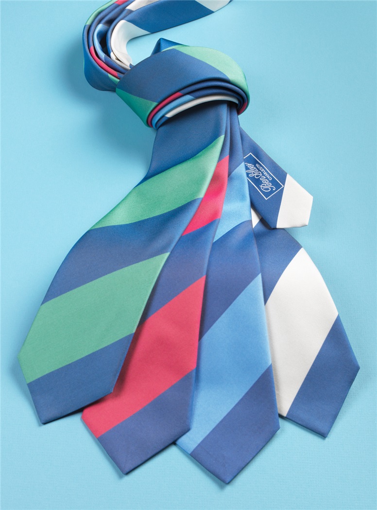 Silk Block Stripe Tie in Denim and White