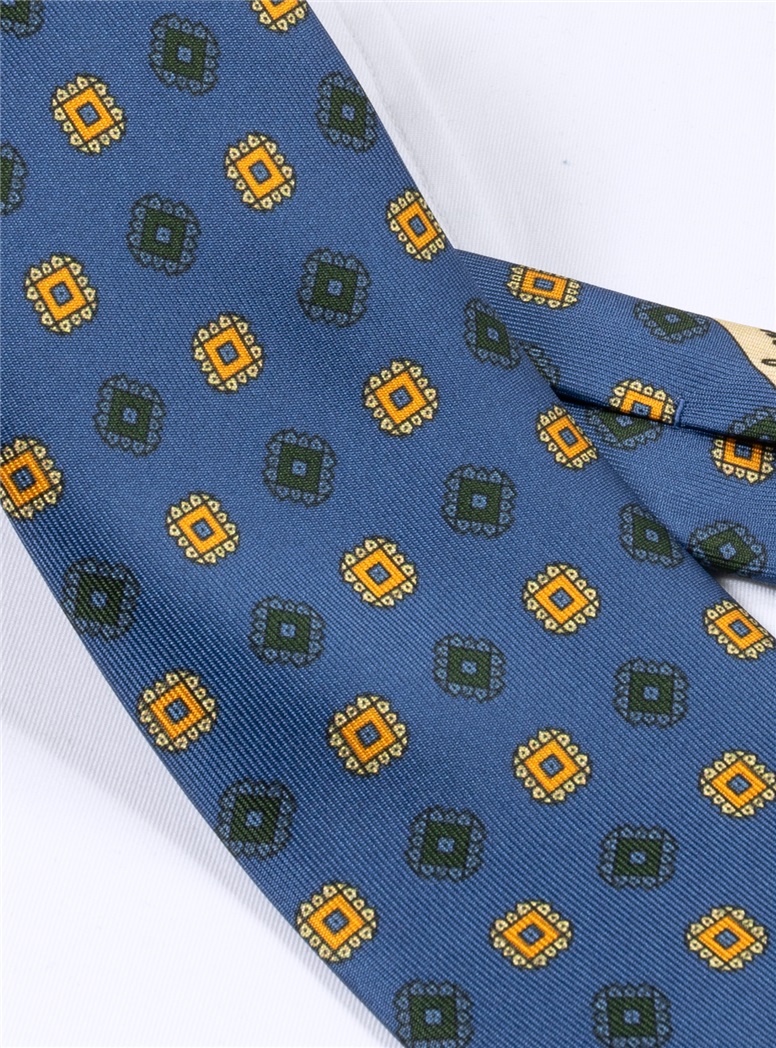 Silk Printed Square Motif Tie in Royal Blue