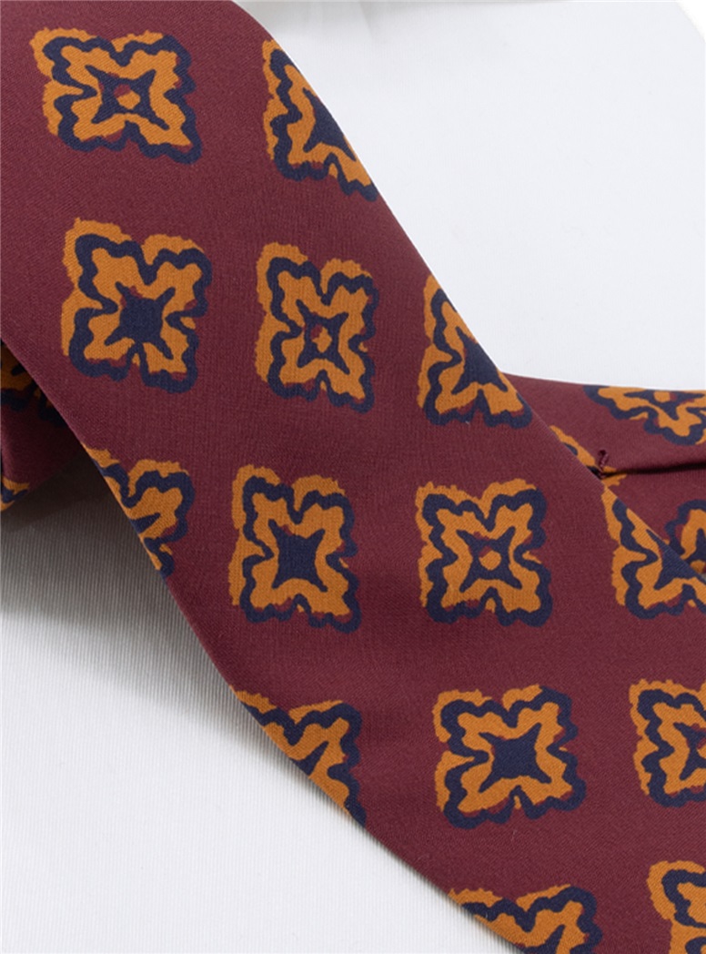 Silk Printed Medallion Motif Tie in Claret