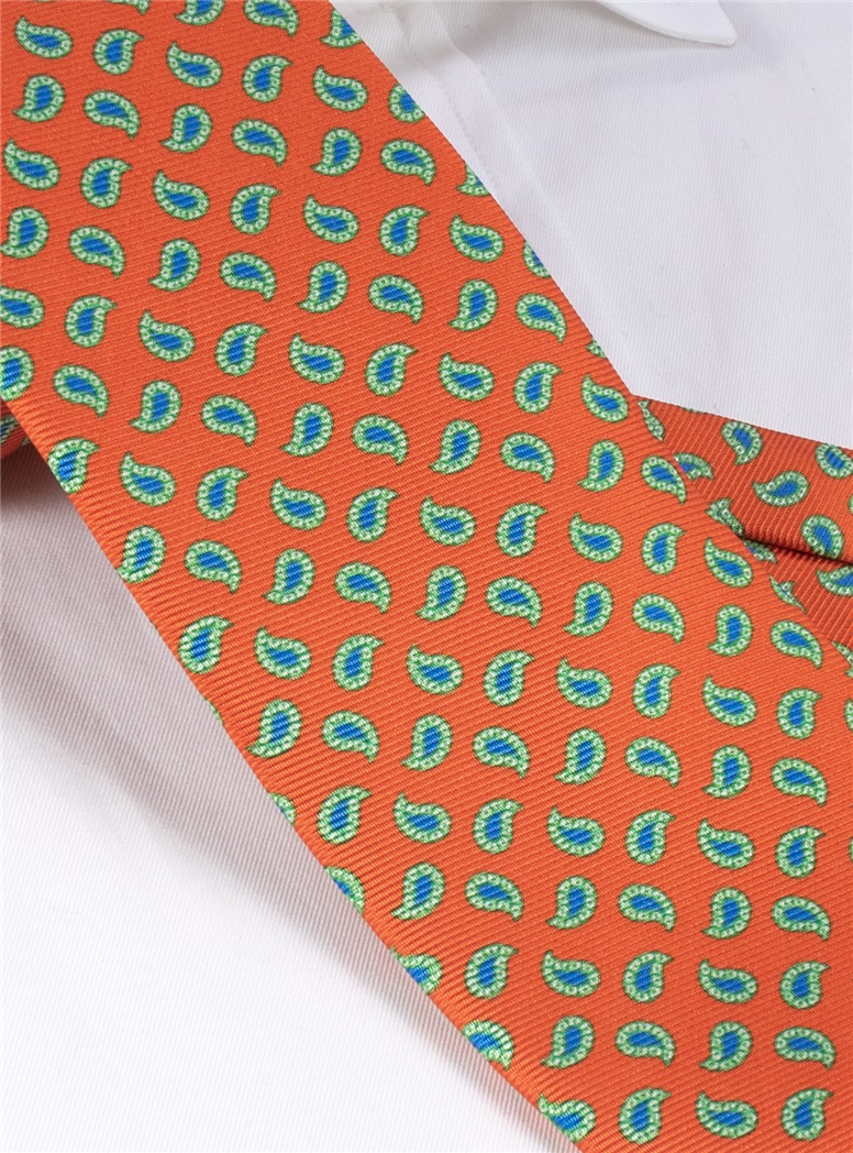 Silk Printed Paisley Tie in Tangerine