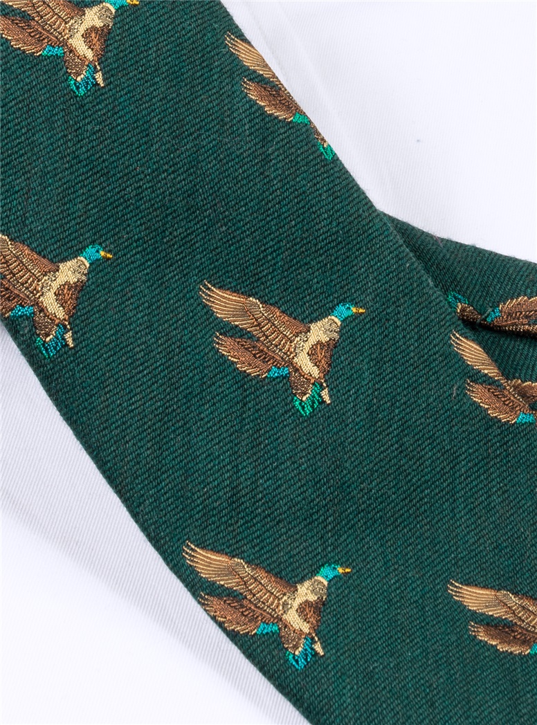 Silk Woven Flying Ducks Motif Tie in Forest - The Ben Silver Collection