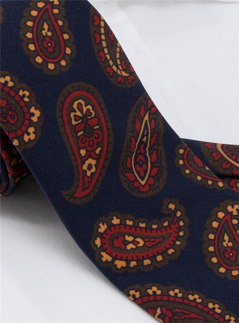 Wool Large Printed Paisley Tie in Navy