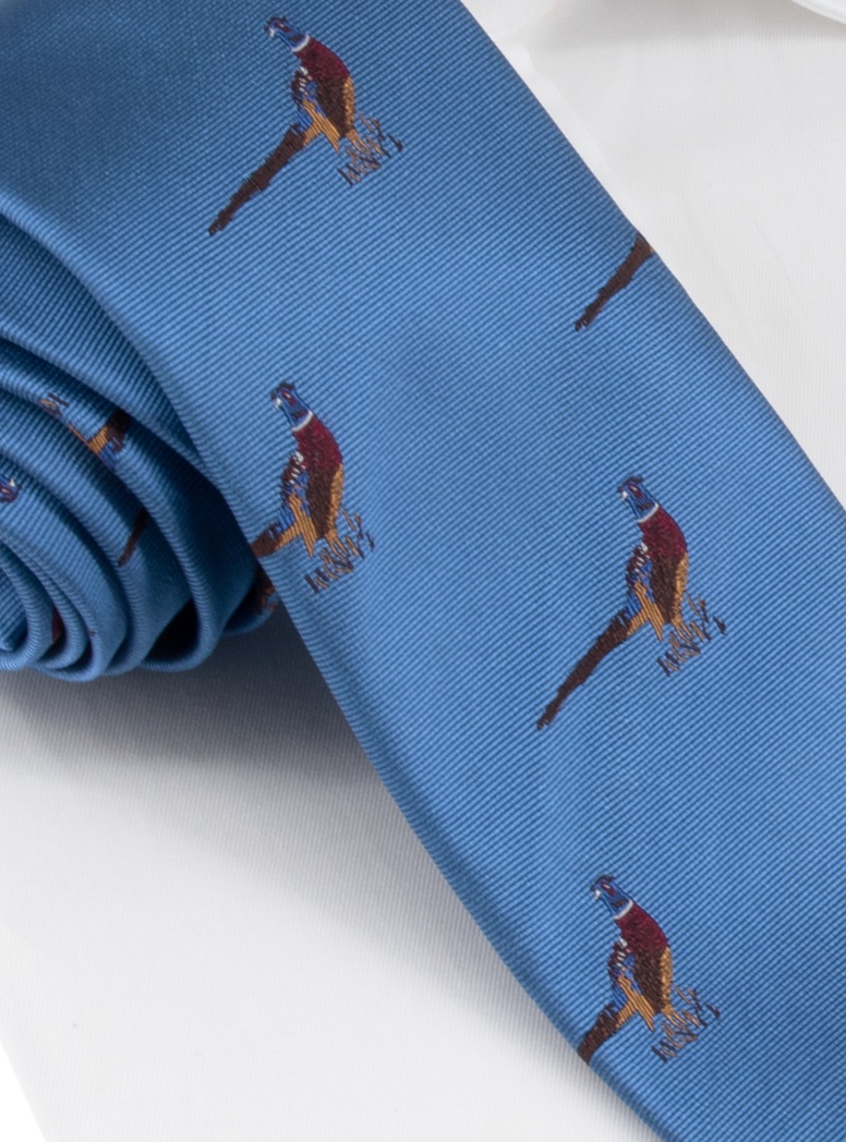 Silk Woven Pheasant Motif Tie in Cornflower