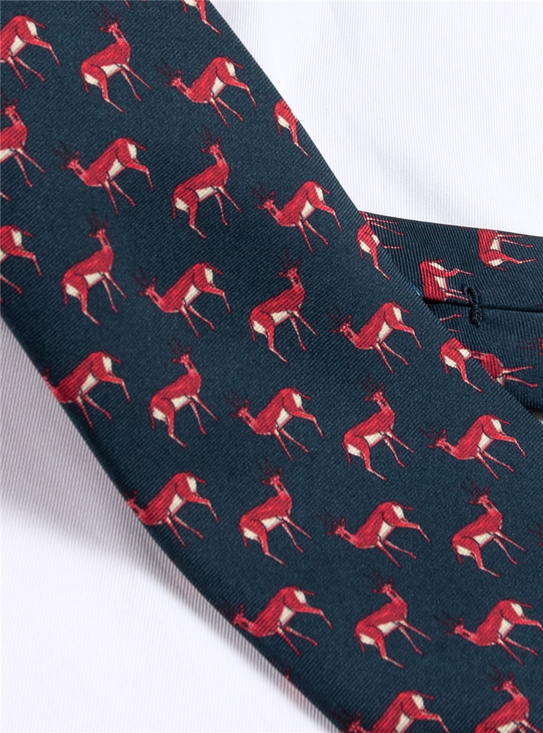 Silk Deer Printed Tie in Navy