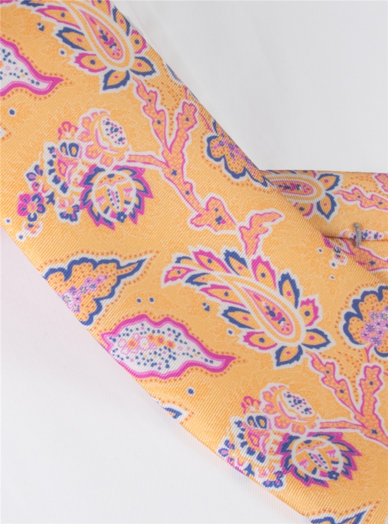 Silk Leaf Paisley Print Tie in Mango