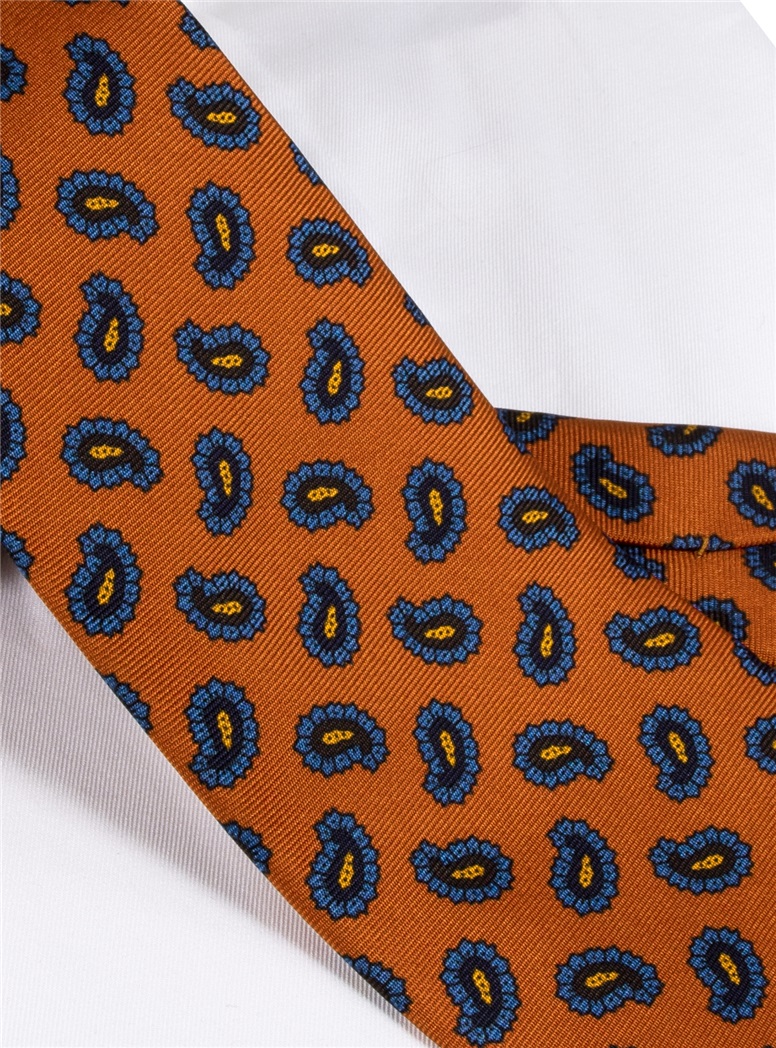 Silk Paisley Printed Tie in Tangerine