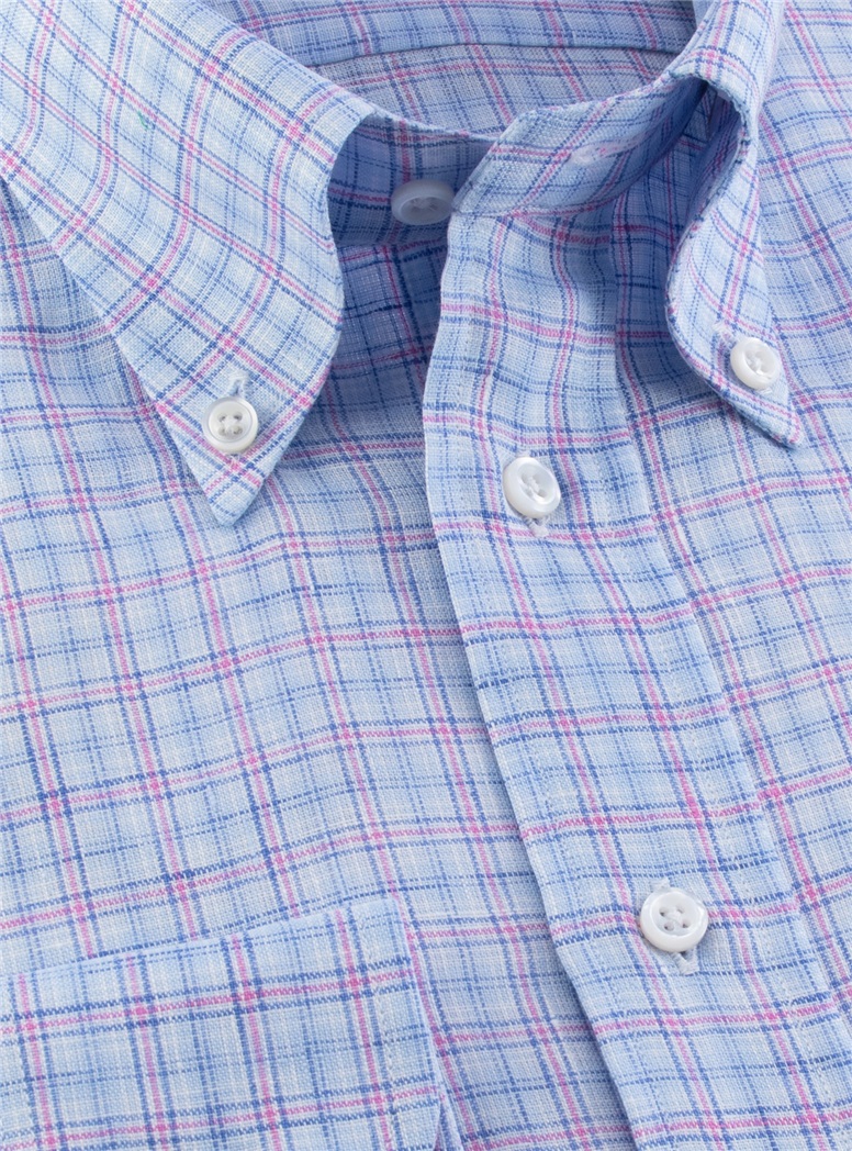 Linen Blue and Pink Plaid Buttondown
