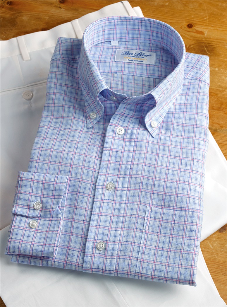 Linen Blue and Pink Plaid Buttondown