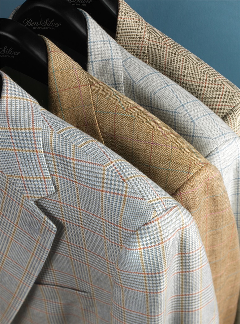 Dusty Blue and Cream Glen Plaid Silk and Cashmere Sport Coat with Windowpanes