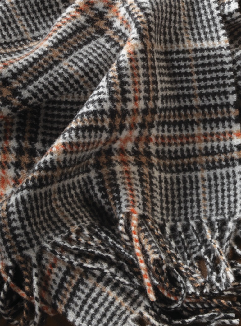 Cashmere Vintage Plaid Scarf in Cream and Camel with Windowpanes