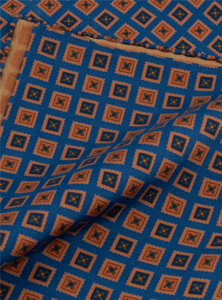 Silk Printed Square Motif Pocket Square in Cobalt