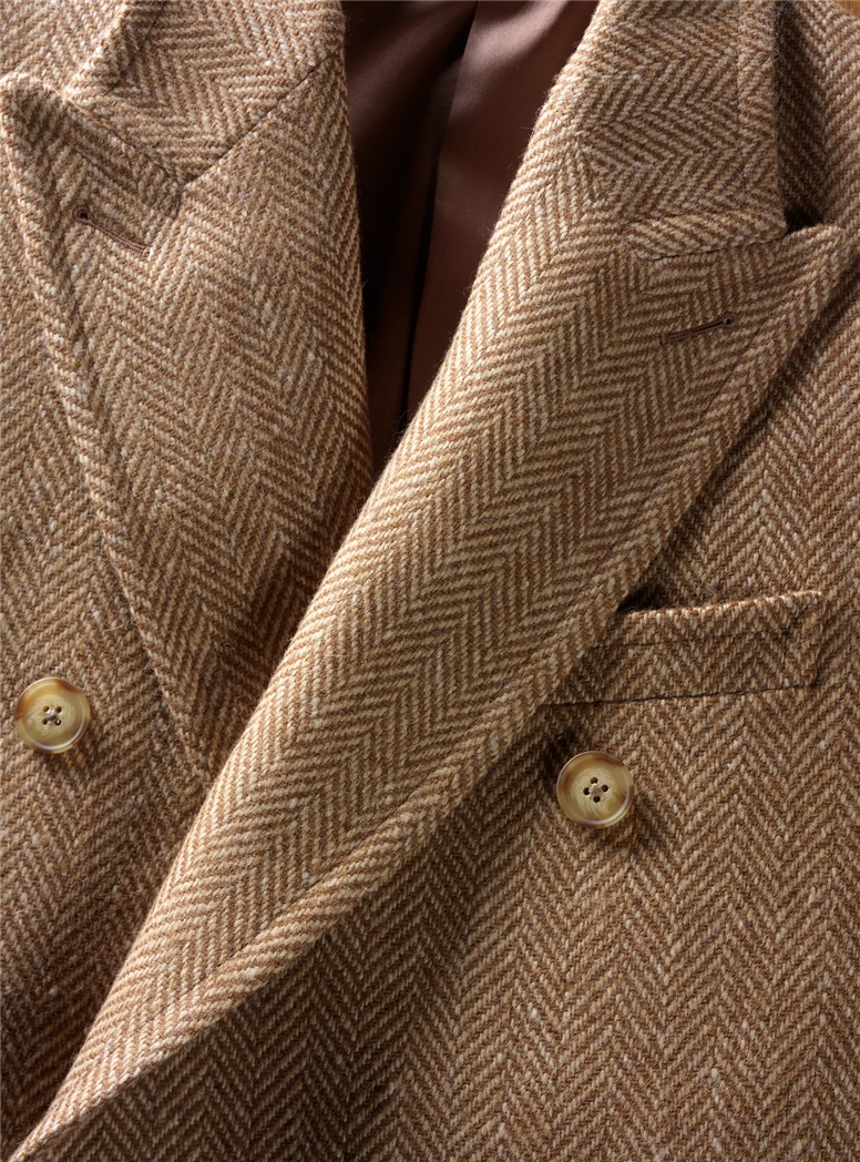 Cream and Tan Herringbone Tweed Polo Coat