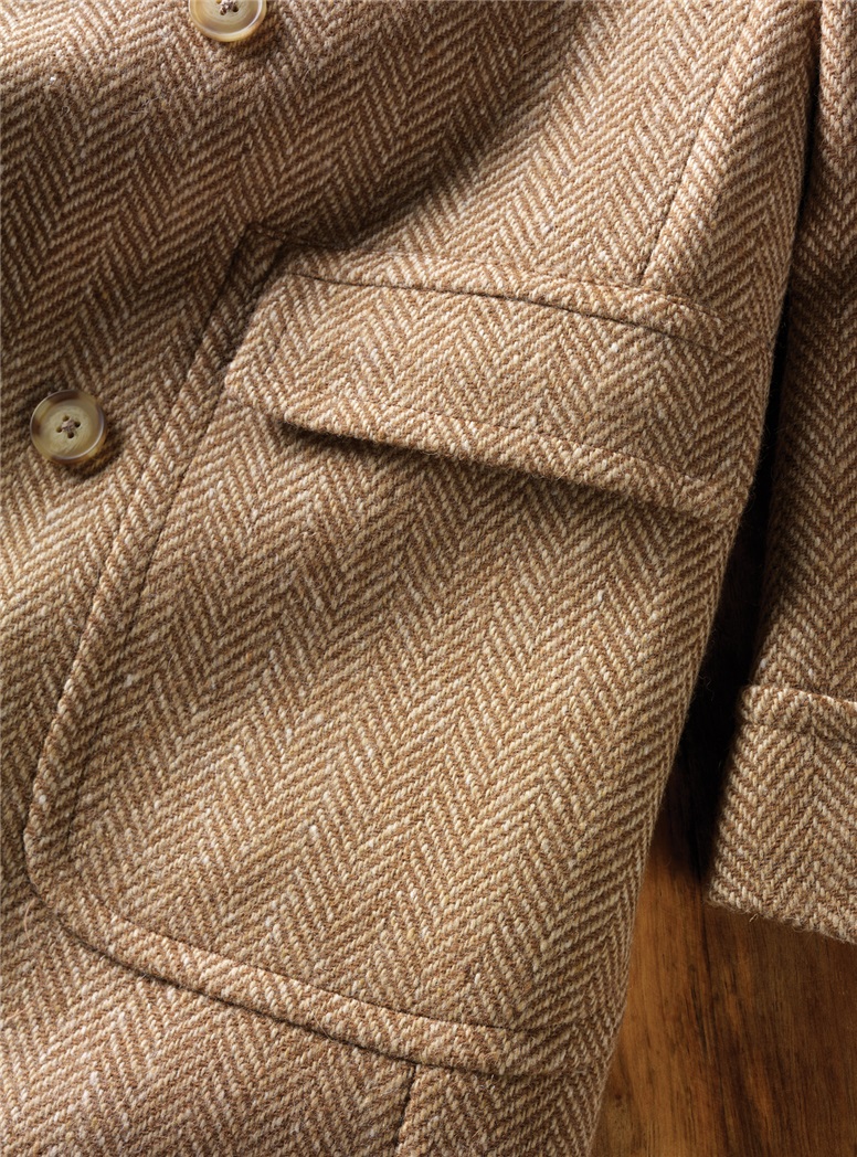 Cream and Tan Herringbone Tweed Polo Coat