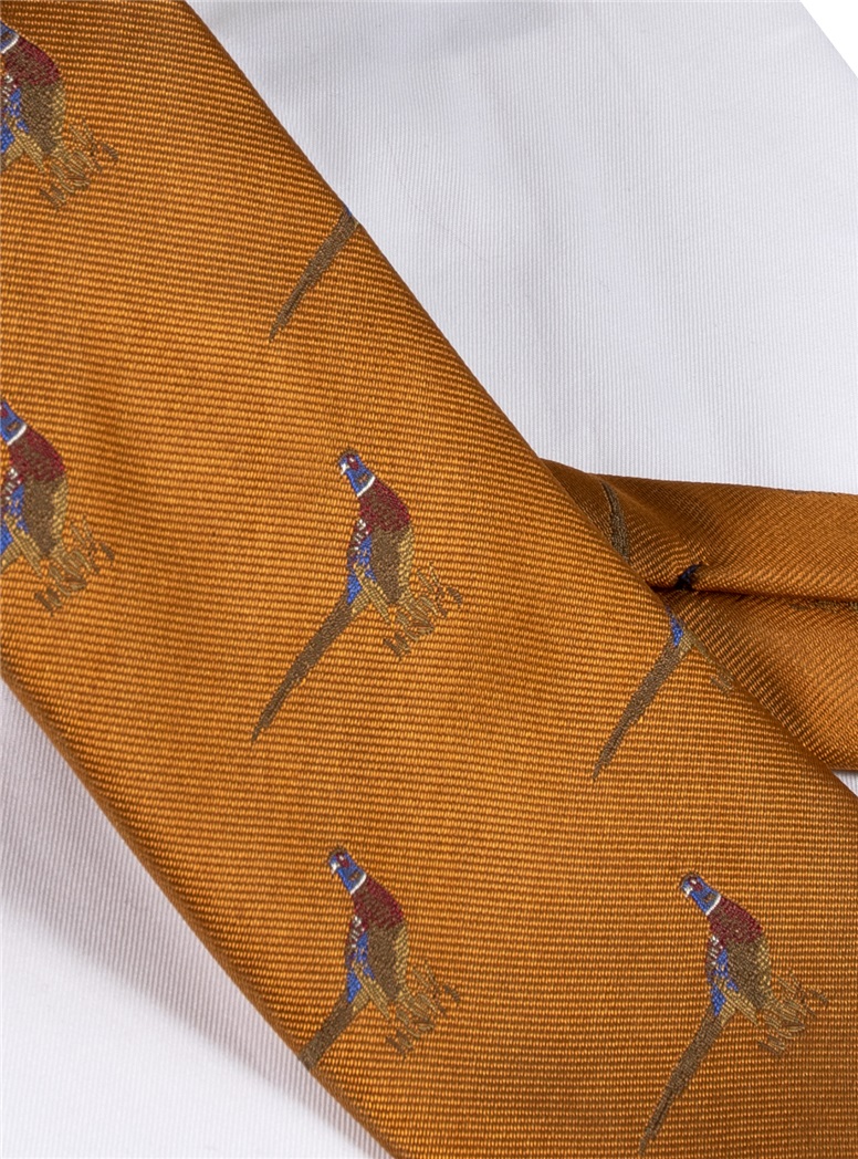 Jacquard Woven Pheasant Motif Tie in Amber