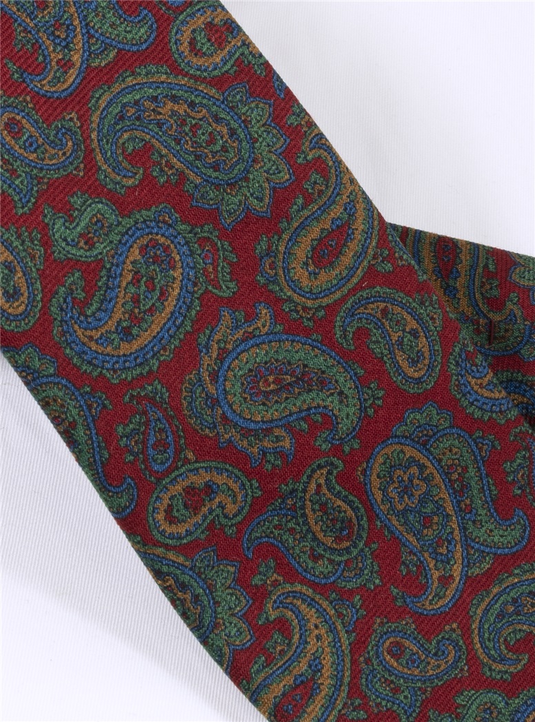 Wool Paisley Printed Tie in Cranberry