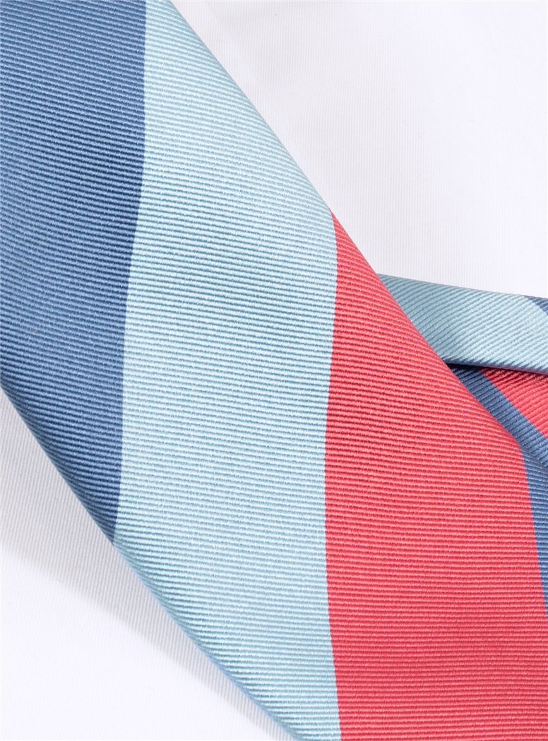 Woven Block Stripe Tie in Rose, Denim and Ice Blue