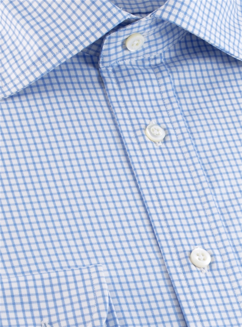 Light Blue & White Grid Check Twill Spread Collar