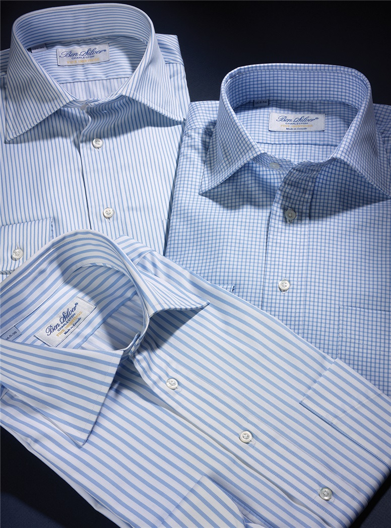 Light Blue & White Grid Check Twill Spread Collar - The Ben Silver ...