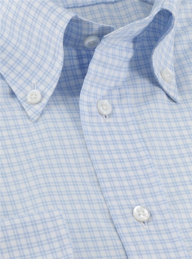 Sky and White Windowpane Button Down