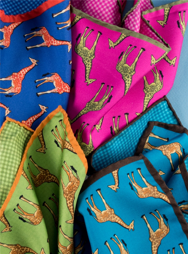 Silk Giraffe & Gingham Reversible Pocket Squares