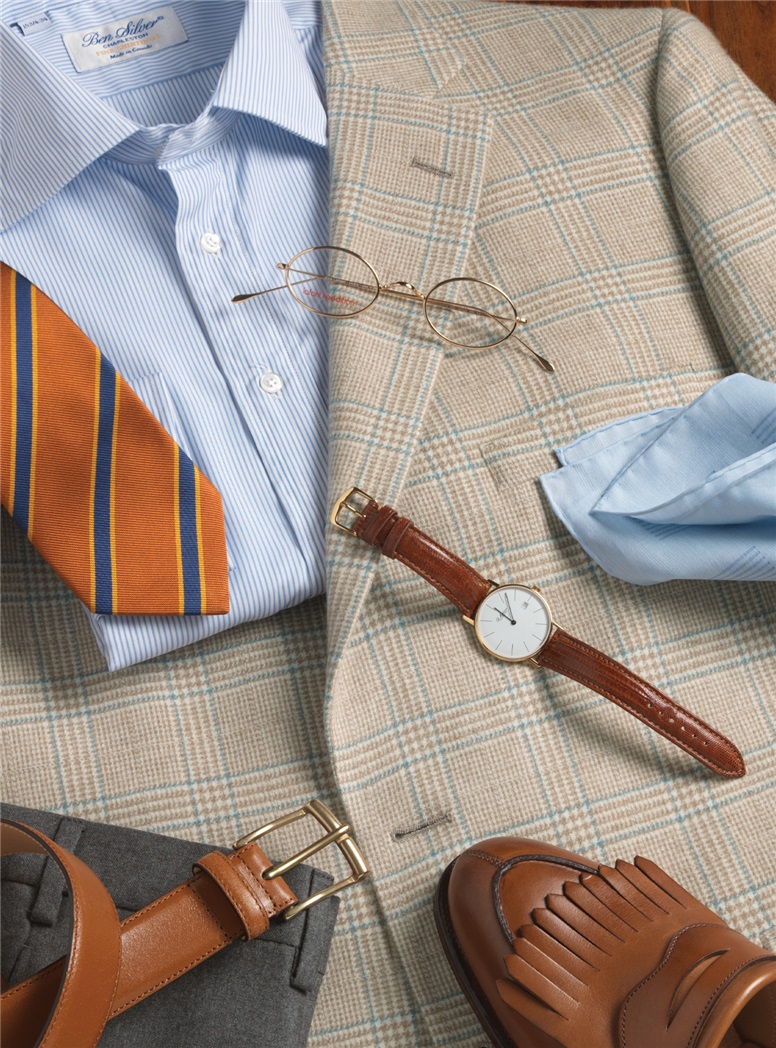 Cream Glen Plaid Cashmere Sport Coat with Blue Deco