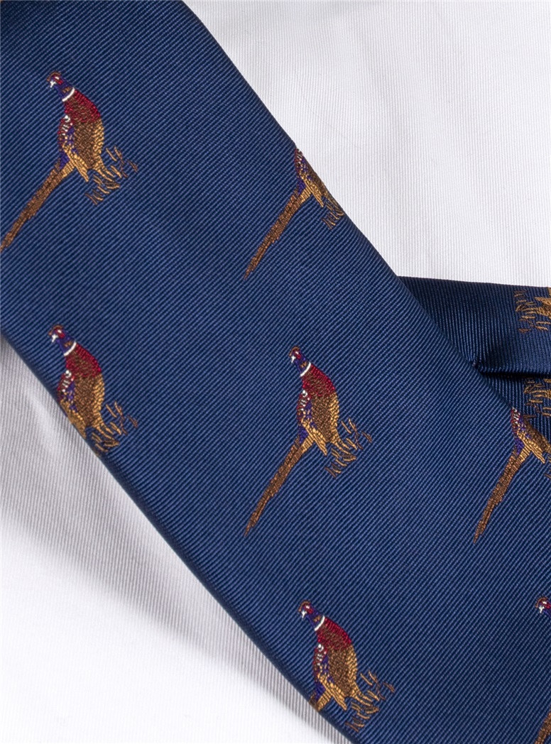 Jacquard Woven Pheasant Motif Tie in French Blue