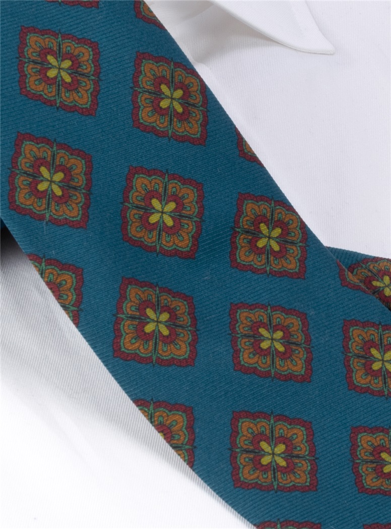 Silk Medallion Printed Tie in Deep Blue