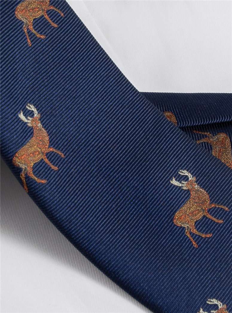 Silk Woven Elk Motif Tie in Navy