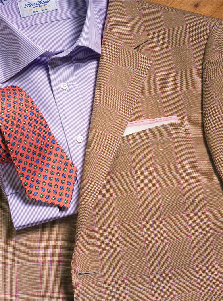 Wool and Linen Sport Coat with Windowpanes in Spice