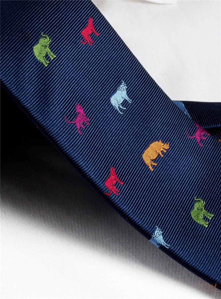 Silk Woven Animal Motif Tie in Navy