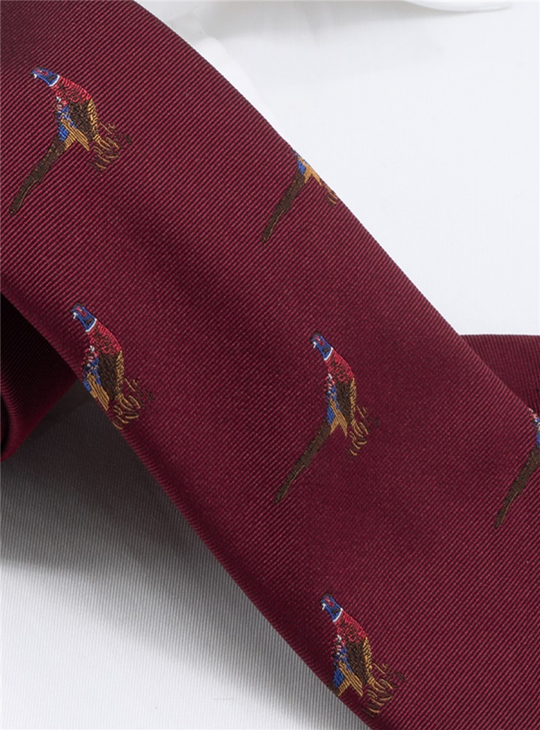 Silk Woven Pheasant Motif Tie Wine