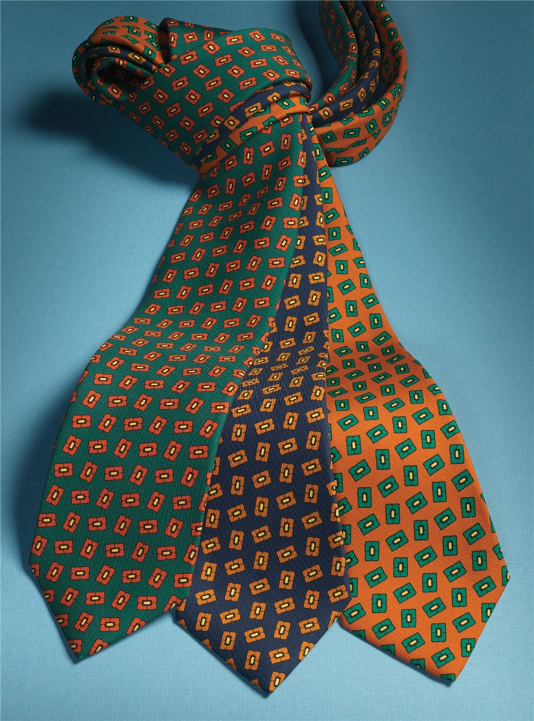 Silk Madder Print Tie with Tossed Square Motif in Forest